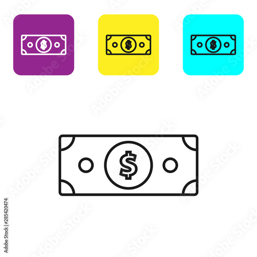 Black line Cryptocurrency coin Bitcoin icon on white background. Blockchain technology, bitcoin, digital money market, cryptocoin wallet. Set icons colorful square buttons. Vector Illustration