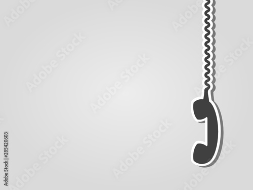 Retro phone receiver hanging on a cable. Gray background with copy space. On hold, on the phone, contact us, listening-in, spy on, collecting data, monitor conversation, concept. Vector illustration.