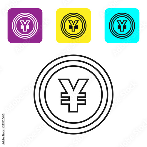 Black line Cryptocurrency coin Bitcoin icon isolated on white background. Blockchain technology, bitcoin, digital money market, cryptocoin wallet. Set icons colorful square button. Vector Illustration