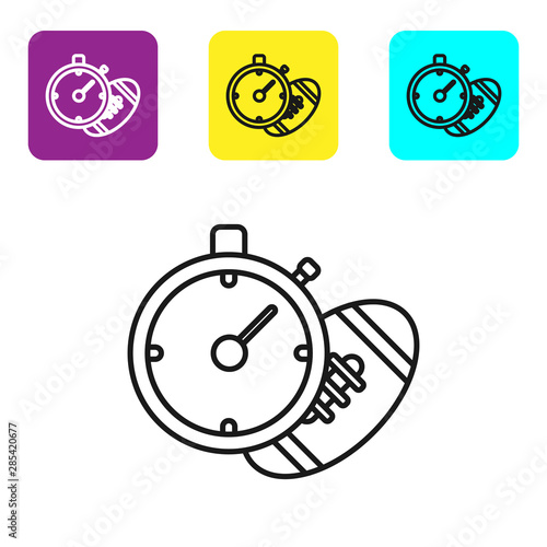 Black line American Football ball and stopwatch icon isolated on white background. Set of sport equipment. Set icons colorful square buttons. Vector Illustration