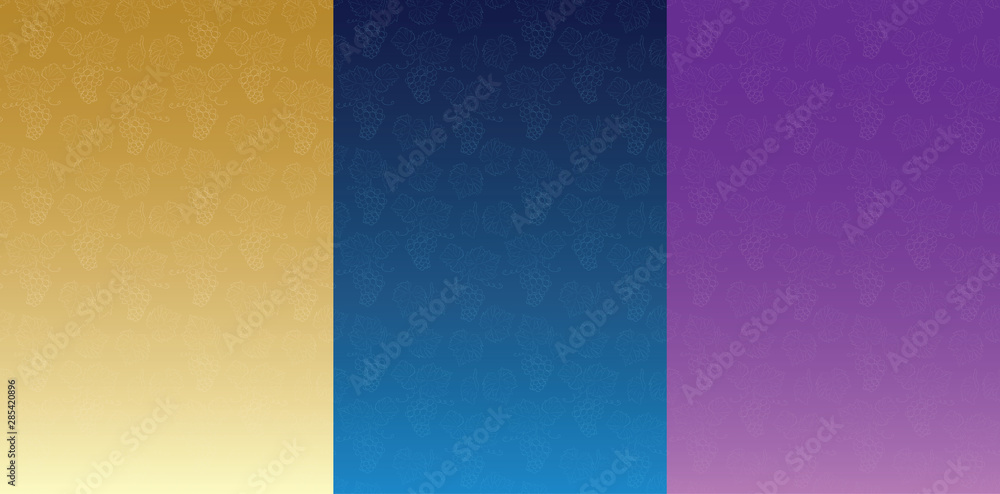 yellow and blue and violet floral backgrounds with gradient - vector grapes bunches with leaves
