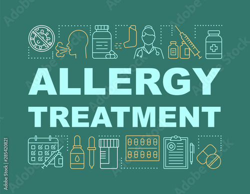 Allergy treatment word concepts banner. Allergic disease prevention. Presentation, website. Vaccination, immunization. Isolated lettering typography idea with linear icons. Vector outline illustration
