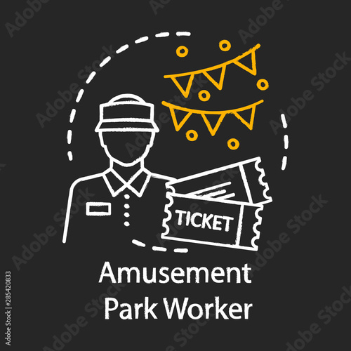 Amusement park worker chalk icon. Summer part-time job. Temporary employment. Entry-level job. Ticket checker. Theme park staff, personnel. Isolated vector chalkboard illustration