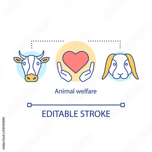 Animal welfare protection concept icon. Voluntary wildlife care idea thin line illustration. Veterinary clinic. Hands with heart symbol, bunny and cow vector isolated outline drawing. Editable stroke