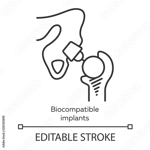 Biocompatible implants linear icon. Artificial joint. Biological structure replace. Bioengineering. Thin line illustration. Contour symbol. Vector isolated outline drawing. Editable stroke