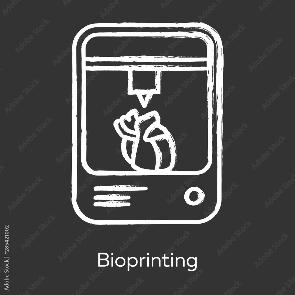 Bioprinting chalk icon. Artificial heart 3d printing. Living organs producing. Biomedical parts fabricate. Medical technologies. Bioengineering. Isolated vector chalkboard illustration