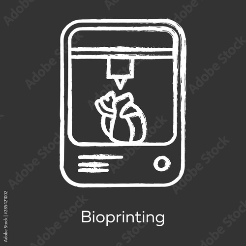 Bioprinting chalk icon. Artificial heart 3d printing. Living organs producing. Biomedical parts fabricate. Medical technologies. Bioengineering. Isolated vector chalkboard illustration