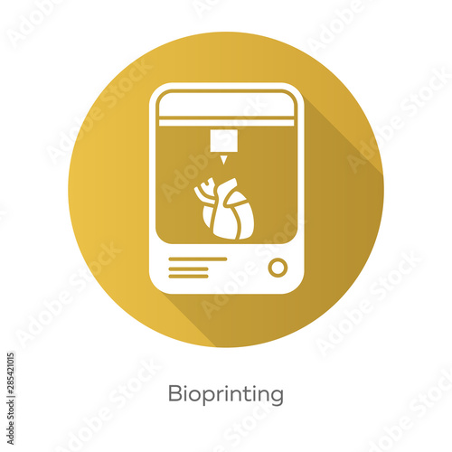 Bioprinting yellow flat design long shadow glyph icon. Artificial heart 3d printing. Living organs producing. Medical technologies. Bioengineering. Vector silhouette illustration