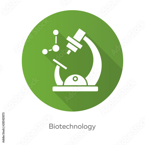 Biotechnology green flat design long shadow glyph icon. Biotech. Molecular biology. Microscope and molecule. Chemistry lab equipment. Biochemistry. Bioengineering. Vector silhouette illustration