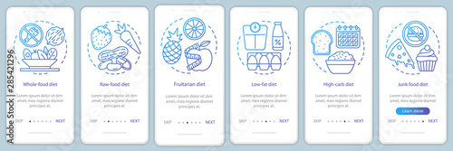 Diet types onboarding mobile app page screen vector template. Vegetarian lifestyle walkthrough website steps with linear illustrations. Vegan nutrition. UX, UI, GUI smartphone interface concept