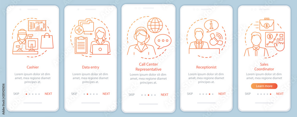 Finding part time jobs orange onboarding mobile app page screen vector template. Receptionist. Walkthrough website steps with linear illustrations. UX, UI, GUI smartphone interface concept