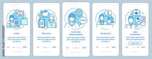 Finding part time jobs blue onboarding mobile app page screen with linear concepts. Receptionist, cashier walkthrough steps graphic instructions. UX, UI, GUI vector template with illustrations