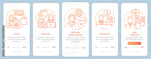 Finding part time jobs orange onboarding mobile app page screen vector template. Receptionist. Walkthrough website steps with linear illustrations. UX, UI, GUI smartphone interface concept