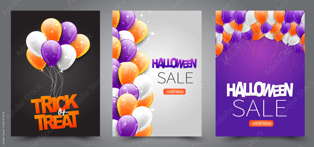 Halloween sale poster. Trick or treat flyer design. Orange, purple, white ballons. Holiday invitation set. vector illustration.