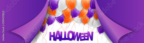 Halloween banner design. Orange and purple ballons. Pill off paper effect. Vector illustration.