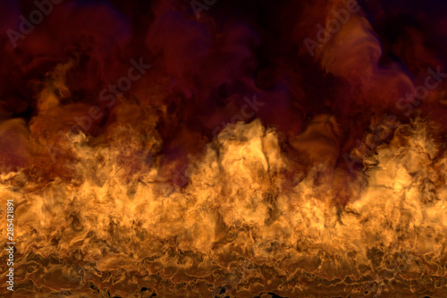 Flame from picture bottom corners - fire 3D illustration of misty blazing fireplace, sylized frame with dark smoke isolated on black