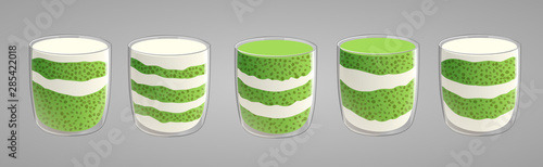 Set of chia seed pudding with green matcha tea. Healthy vegan snack in glass layered with cream. Vector illstration isolated on gray background.