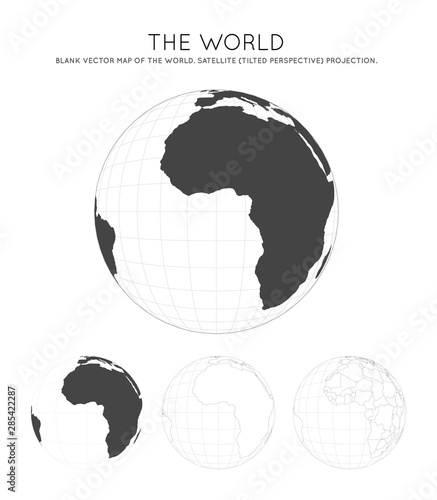 Map of The World. Satellite (tilted perspective) projection. Globe with latitude and longitude lines. World map on meridians and parallels background. Vector illustration.