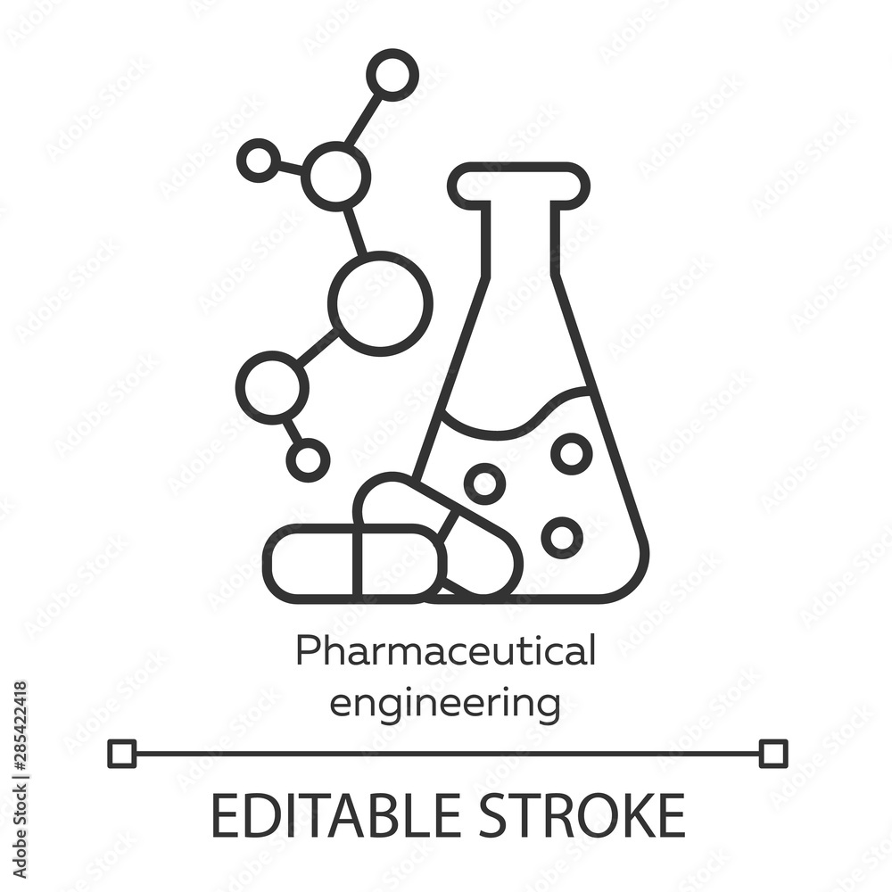 Pharmaceutical engineering linear icon. Chemical engineering. Flask