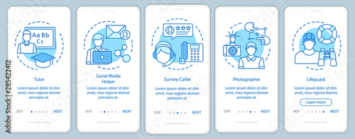 Part-time jobs blue onboarding mobile app page screen with linear concepts. Tutor, photographer, lifeguard. walkthrough steps graphic instructions. UX, UI, GUI vector template with illustrations