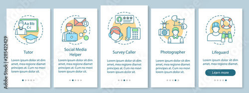 Part-time jobs onboarding mobile app page screen with linear concepts. Tutor, photographer, lifeguard walkthrough steps graphic instructions. UX, UI, GUI vector template with illustrations