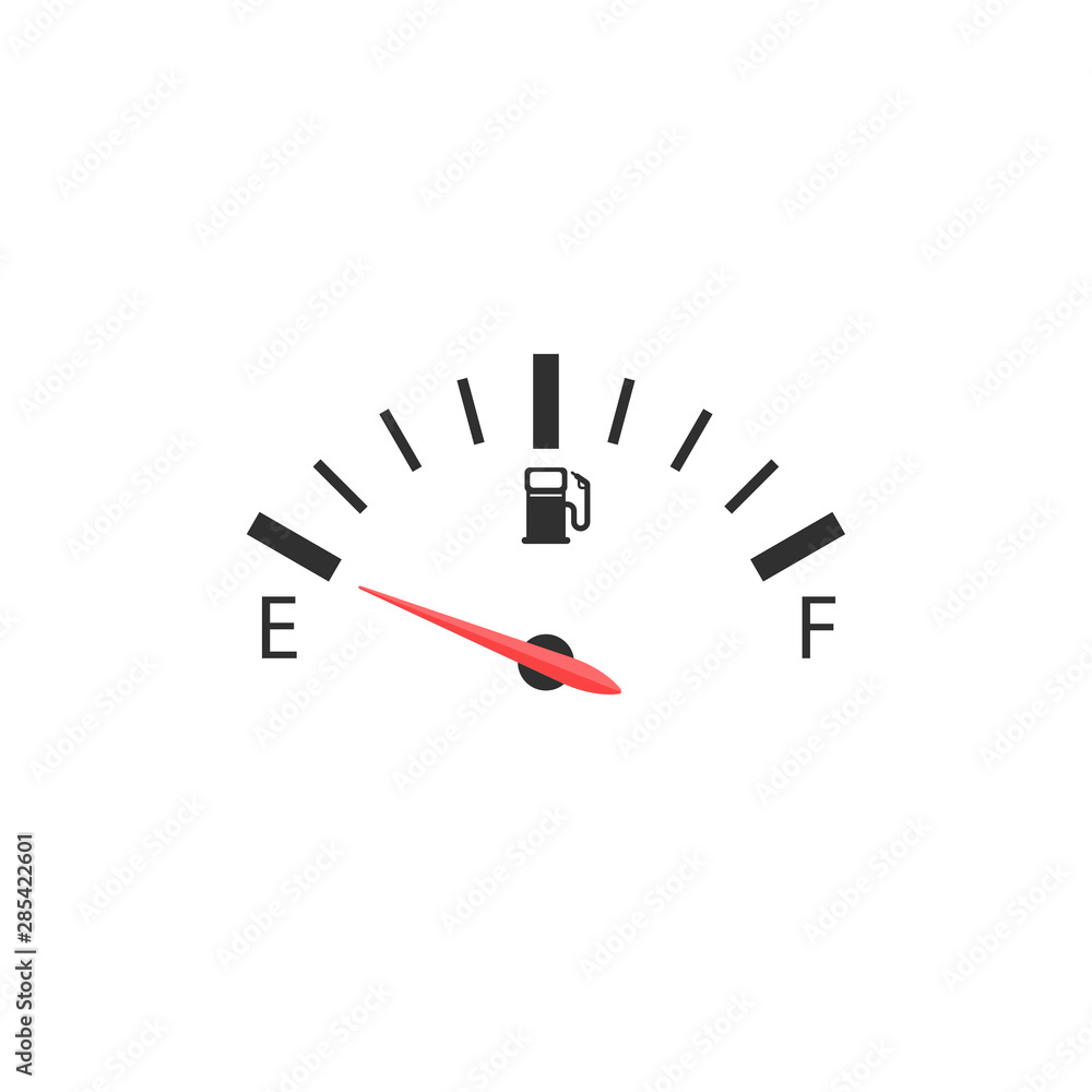 The car's fuel indicator shows an empty tank shown on a white background. The car's fuel indicator shows an empty tank shown on a white background.