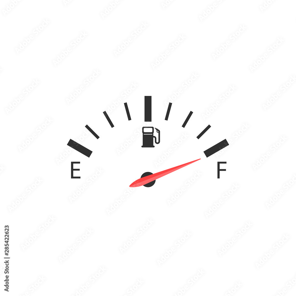 The car's fuel indicator shows on a full tank depicted on a white background. The car's fuel indicator shows on a full tank depicted on a white background.