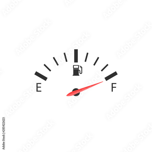 The car's fuel indicator shows on a full tank depicted on a white background.