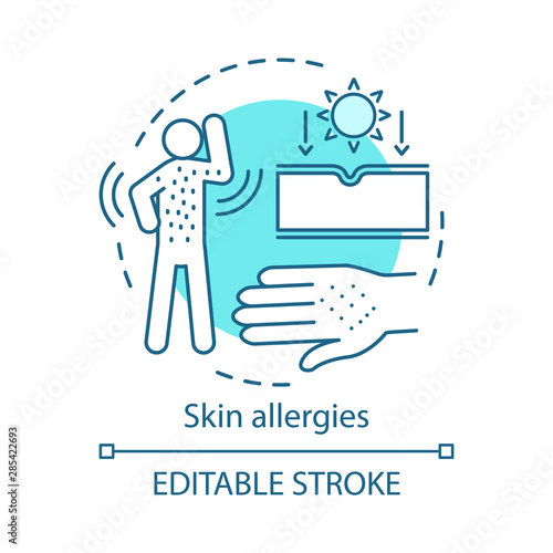 Skin allergies concept icon. Rash, contact dermatitis, hives idea thin line illustration. Sunlight, food, medication, insect bites allergic reaction. Vector isolated outline drawing. Editable stroke