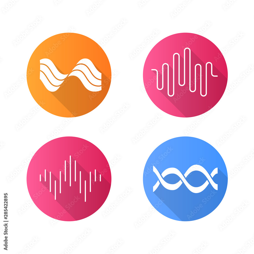 Sound waves flat design long shadow glyph icons set. Audio waves. Sound, voice recording. Music rhythm logotype. Soundwave, digital waveform frequency. Dj track playing. Vector silhouette illustration Sound waves flat design long shadow glyph icons set. Audio waves. Sound, voice recording. Music rhythm logotype. Soundwave, digital waveform frequency. Dj track playing. Vector silhouette illustration