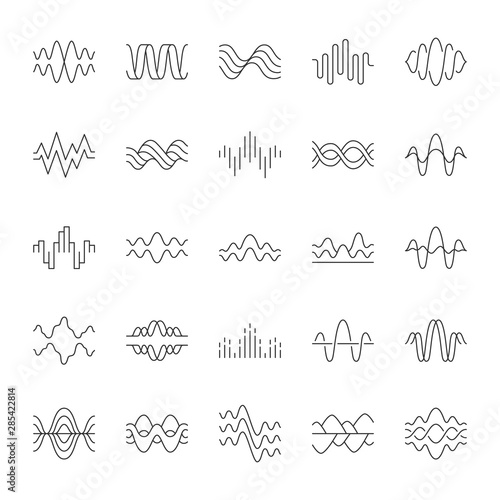 Sound and audio waves linear icons set. Music digital curve soundwaves. Voice recording. Vibration, noise amplitudes. Thin line contour symbols. Isolated vector outline illustrations. Editable stroke