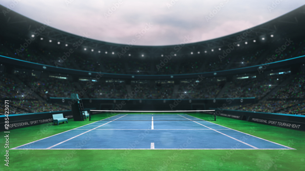 Fototapeta premium blue and green tennis court stadium with fans at daytime, upper front view, professional tennis sport 3D illustration background