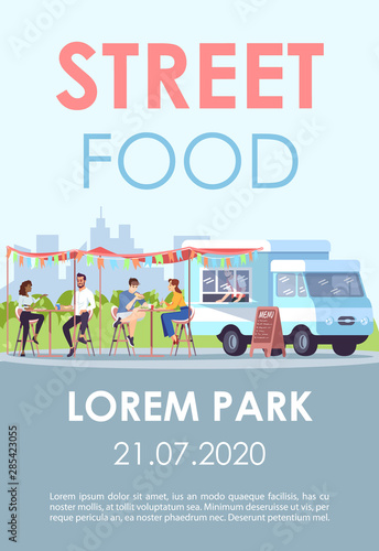 Street food brochure template. Ready takeaway meal restaurant. Flyer, booklet, leaflet concept with flat illustrations. Vector page layout for magazine. Advertising invitation with text space