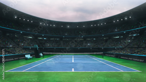 blue and green tennis court stadium with fans at daytime, upper front view, professional tennis sport 3D illustration background © LeArchitecto