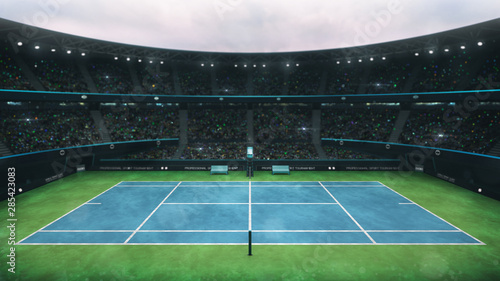 blue and green tennis court stadium with fans at daytime, upper side view, professional tennis sport 3D illustration background photo