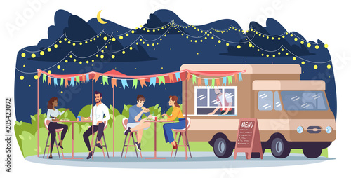 Street food restaurant flat vector illustration. Ready takeaway meal cafe. Summer outdoor rest in city park. Foodtruck, seller, people at tables isolated cartoon characters on white background photo
