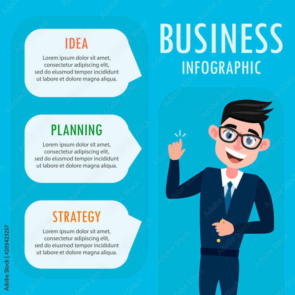 Business infographics is depicted on a blue background. The featured character is a businessman in a blue suit about three elements with text. Business infographics is depicted on a blue background. The featured character is a businessman in a blue suit about three elements with text.