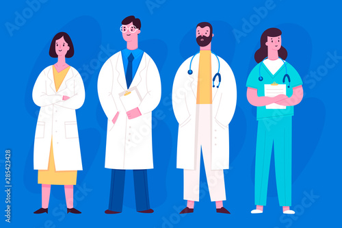 Group of hospital medical staff standing together. Various male and female medicine workers. Doctor, surgeon, physician, paramedic, nurse. Colored vector characters. Cartoon style. Flat design 