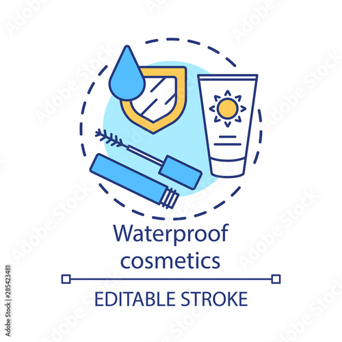 Waterproof cosmetics concept icon. Water resistant mascara, sunscreen cream idea thin line illustration. Skincare, makeup products waterproof formula. Vector isolated outline drawing. Editable stroke