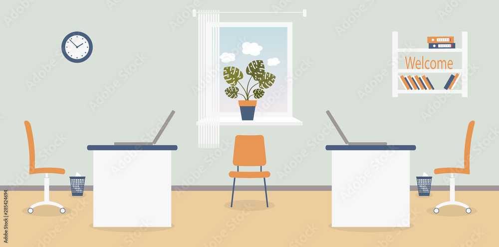 Interior of working place in the office on the light grey background. Vector illustration. Furniture: table, chair, shelf with folders and books.Wall clock,monstera,window,bin. For advertising,sites Interior of working place in the office on the light grey background. Vector illustration. Furniture: table, chair, shelf with folders and books.Wall clock,monstera,window,bin. For advertising,sites