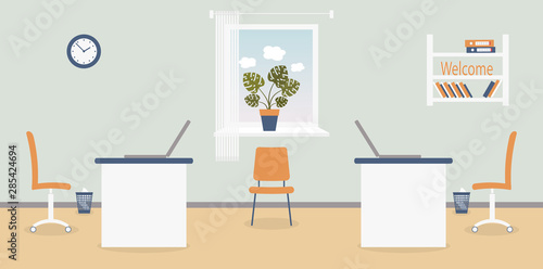 Interior of working place in the office on the light grey background. Vector illustration. Furniture: table, chair, shelf with folders and books.Wall clock,monstera,window,bin. For advertising,sites
