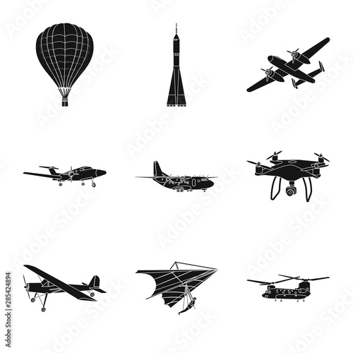 Vector design of plane and transport sign. Set of plane and sky vector icon for stock.