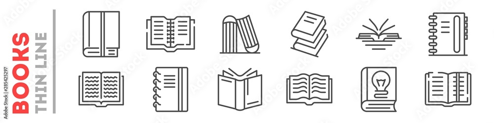 School, university books set of thin line icons on white. Outline publishing house, library pictograms collection. Reading festival, club logos. Writing competition vector for infographic, web. School, university books set of thin line icons on white. Outline publishing house, library pictograms collection. Reading festival, club logos. Writing competition vector for infographic, web.