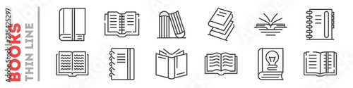 School, university books set of thin line icons on white. Outline publishing house, library pictograms collection. Reading festival, club logos. Writing competition vector for infographic, web.