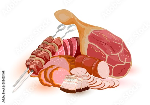 Big set with assortment of raw and prepared meaty products: salo, high-fat bacon, sausage, kielbasa, salami, steak, fillet, ham, shashlik, barbeque, kebab, gigot. Cold cuts luncheon meats Cartoon