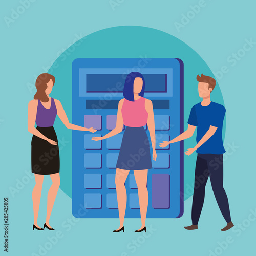 young couple with coins money and calculator