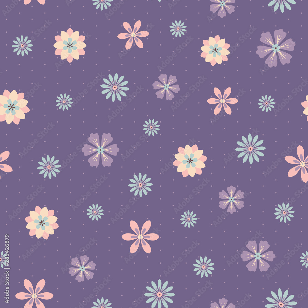 Seamless pattern of small purple, blue and pink flowers on a dark purple background. Seamless pattern of small purple, blue and pink flowers on a dark purple background.