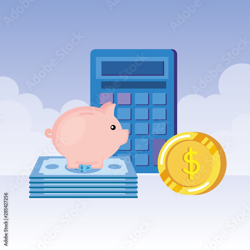 piggy savings with coins and bills money