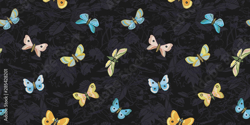 Modern exotic jungle leaf pattern. Scattered botanical leaf, shape and line art, in black tones. With exotic butterfly. Perfect for packaging design, home decor, fabric, wallpaper and stationary. photo