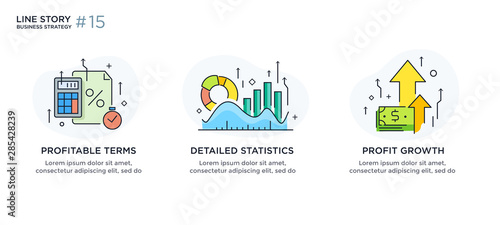 Set of illustrations concept with business concept. Workflow, growth, graphics. Business development, milestones, start-up. linear illustration Icons infographics. Landing page site print poster. Line